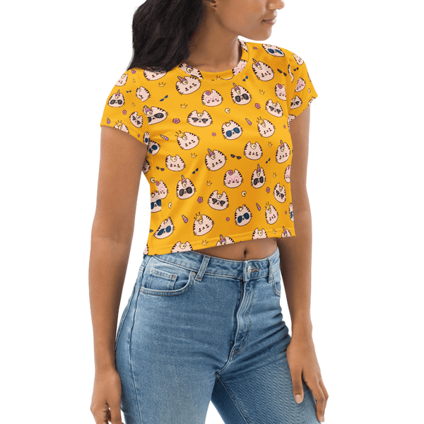Meow All Over Crop Top- Yellow - Cute Stuff India