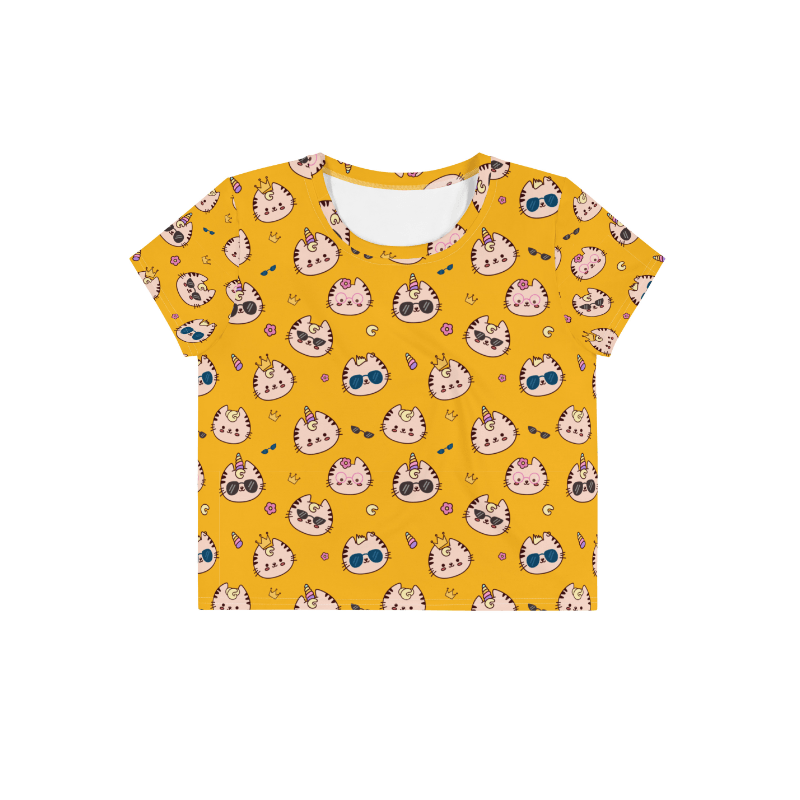 Meow All Over Crop Top- Yellow - Cute Stuff India