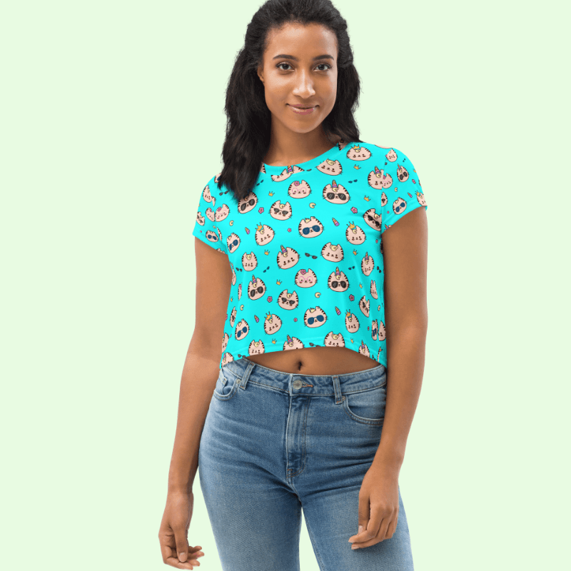Meow All Over Crop Top- Blue - Cute Stuff India